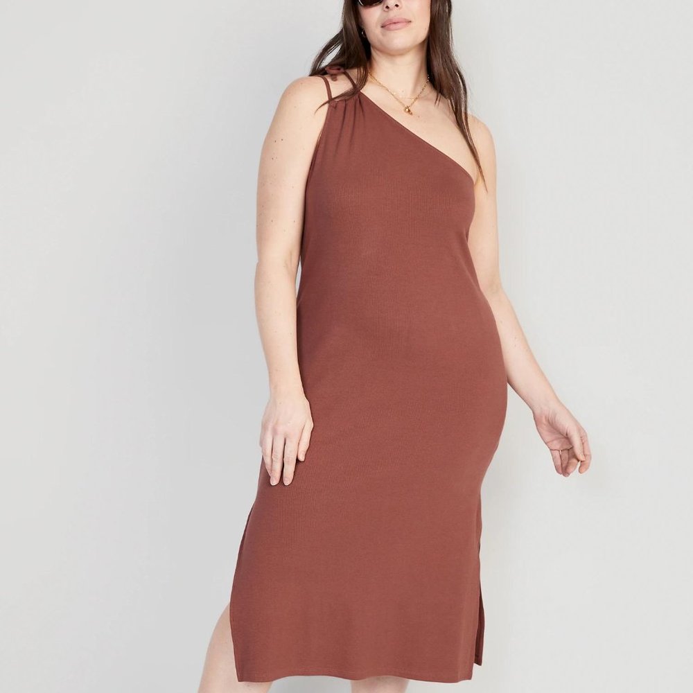 Old Navy Fitted One-Shoulder Double-Strap Rib-Knit Midi Dress for Women New - Picture 6 of 7